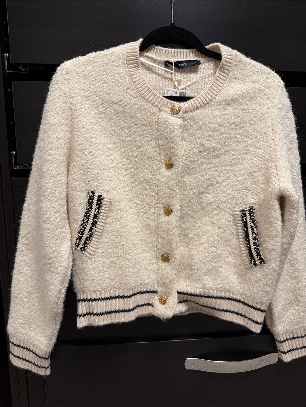 Mango Cream Bouclé Cardigan with Black Trim and Gold Buttons